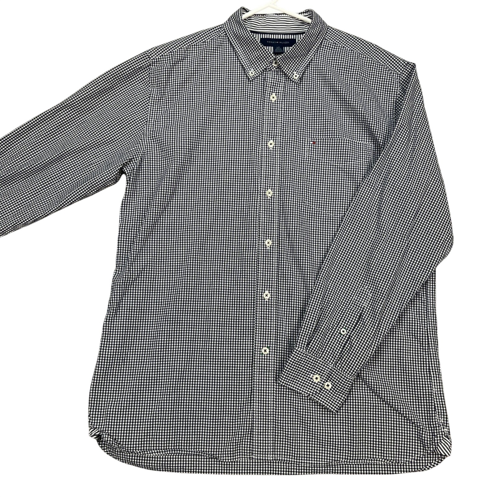 Tommy Hilfiger Mens Shirt L Long Sleeve Button Down Gray Gingham Check Flip Cuff